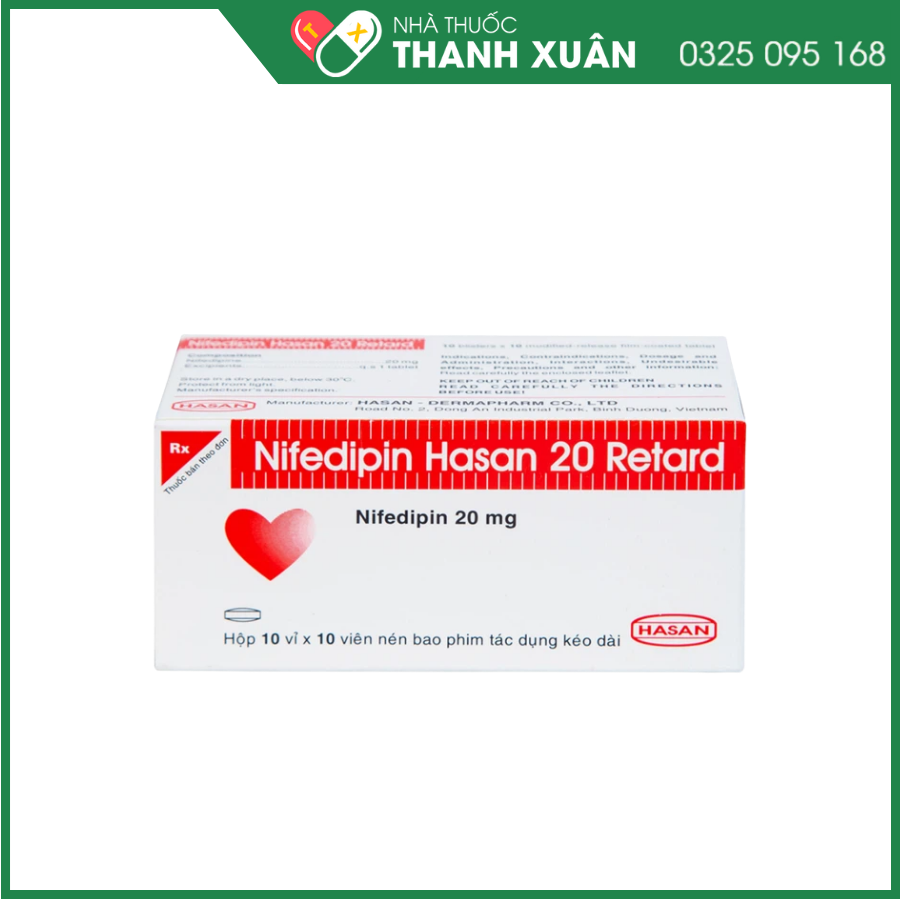 Nifedipin Hasan 20 Retard trị tăng huyết áp, đau thắt ngực